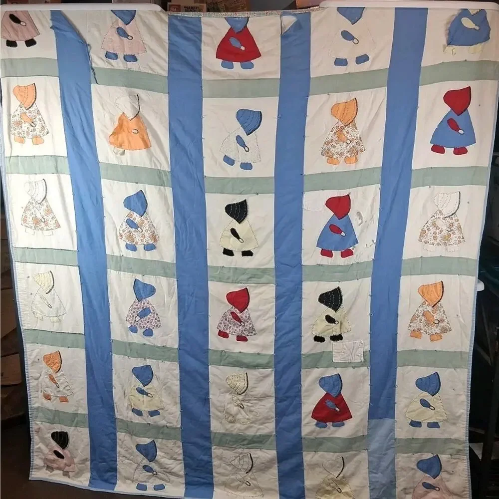 Sunbonnet Sue Handmade Vintage Quilt Colorful 68 × 78 Farmhouse Cottagecore